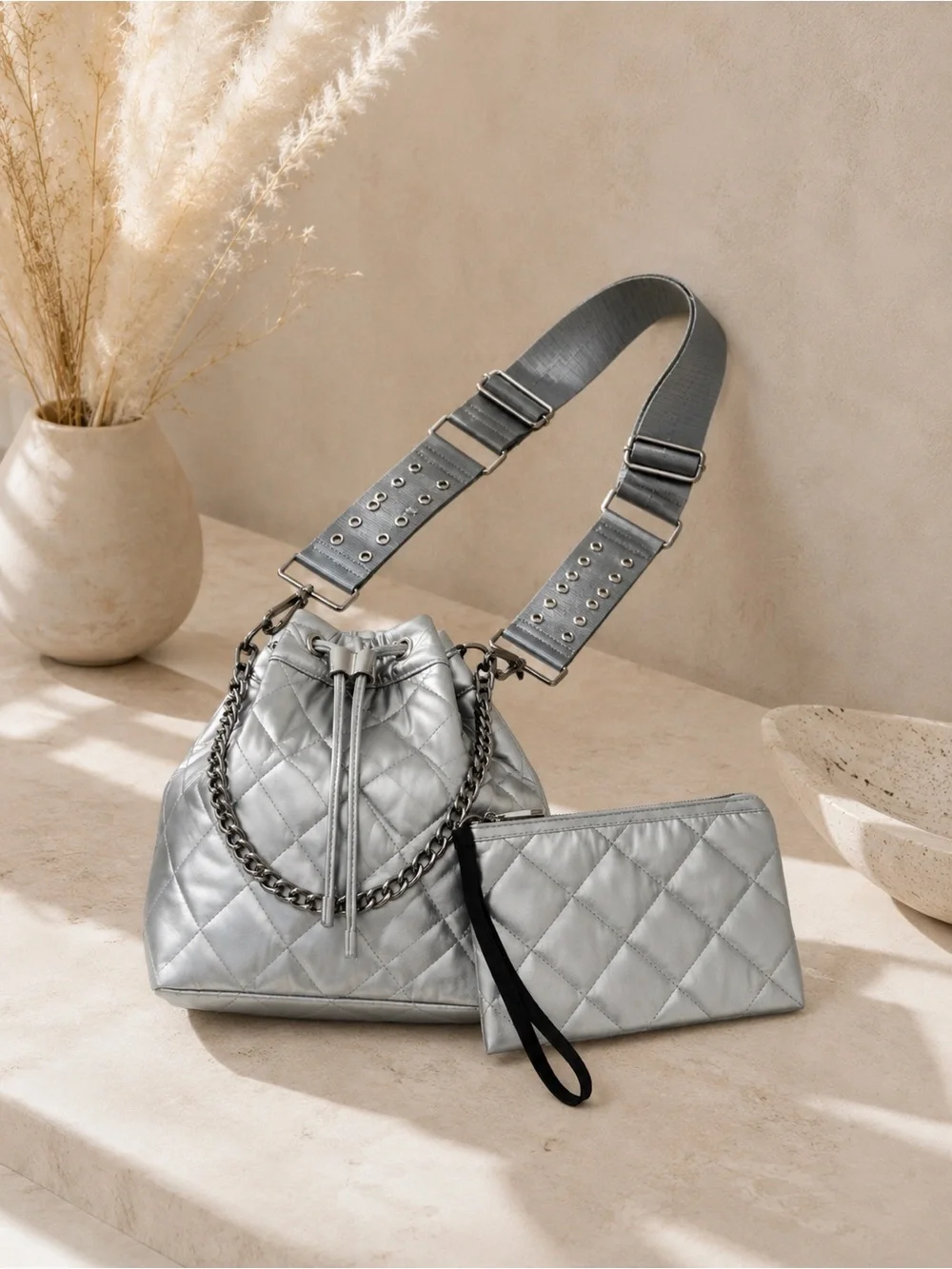 Haute Shore Lindsey Quilted Puffer Bucket Bag Gray Silver Crossbody NWT